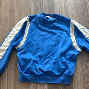 Electric Blue Crewneck Sweatshirt with White Sleeve Stripes